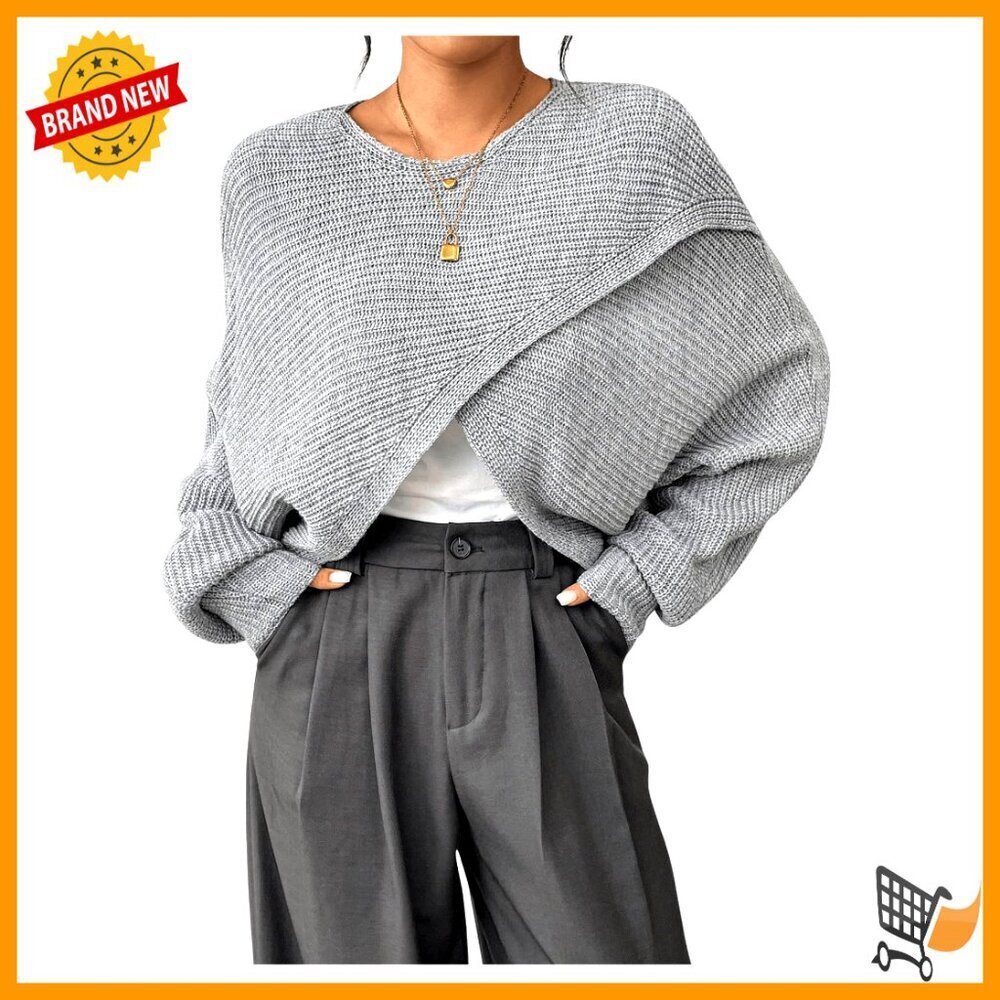 Lightweight Asymmetrical Wrap Cropped Sweater Puff Sleeve Chic Fall Tops
